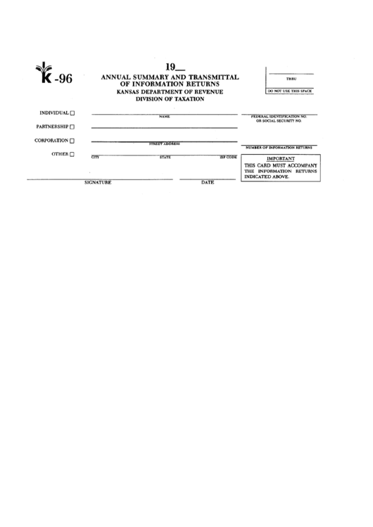 Form K-96 - Annual Summary And Transmittal Of Information Returns Printable pdf
