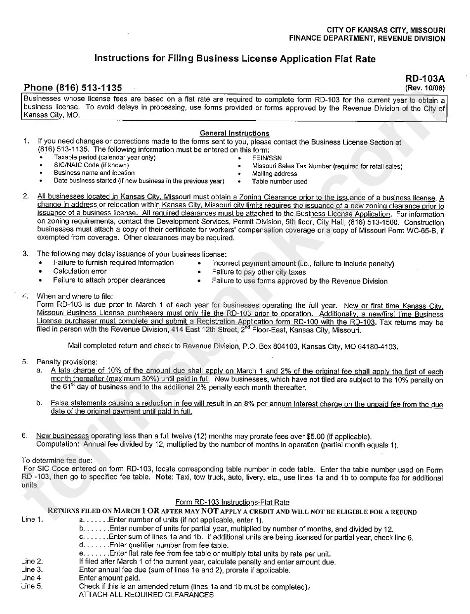 Form Rd-103a - Instructions For Filing Business License Application Flat Rate - City Of Kansas City