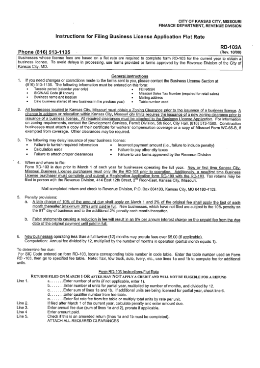 Form Rd-103a - Instructions For Filing Business License Application Flat Rate - City Of Kansas City Printable pdf