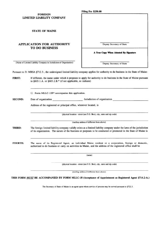 Form Mllc-12 - Application For Authority To Do Business Printable pdf