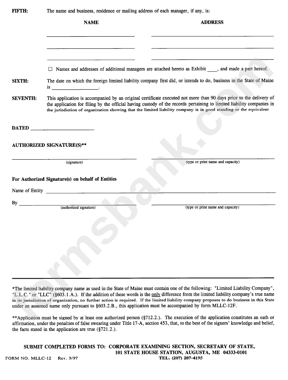 Form Mllc-12 - Application For Authority To Do Business