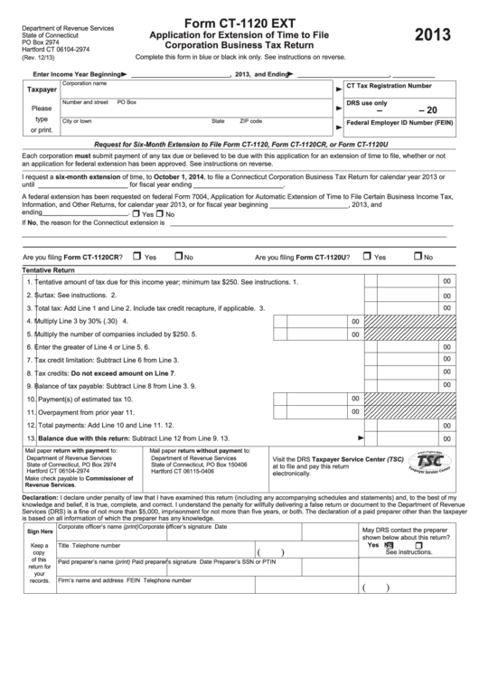 Form Ct-1120 Ext - Application For Extension Of Time To File Corporation Business Tax Return - 2013 Printable pdf