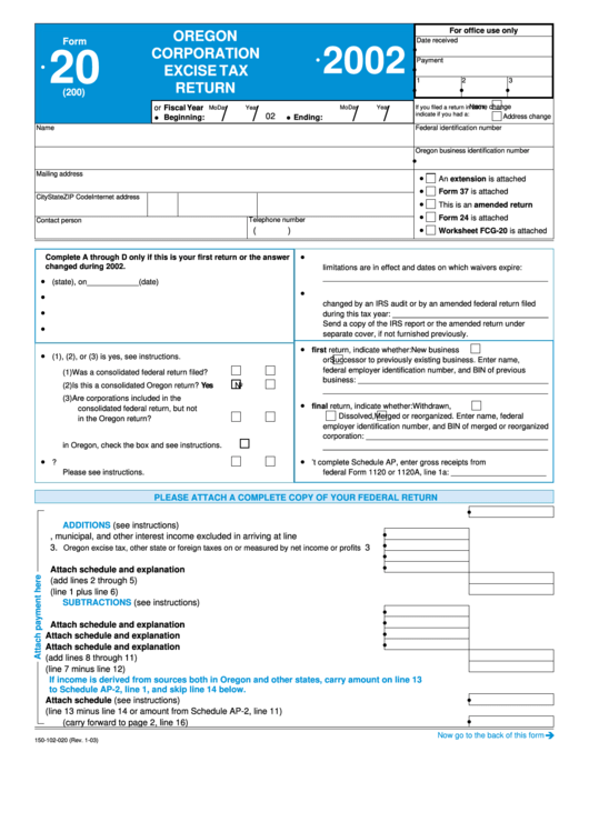 Form 20 - Oregon Corporation Excise Tax Return - 2002 Printable pdf