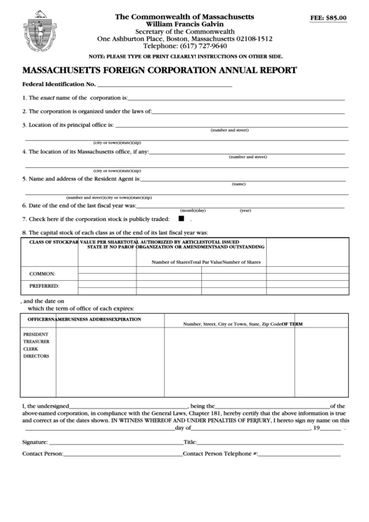 Massachusetts Foreign Corporation Annual Report Form - Massachusetts Secretary Of State Printable pdf