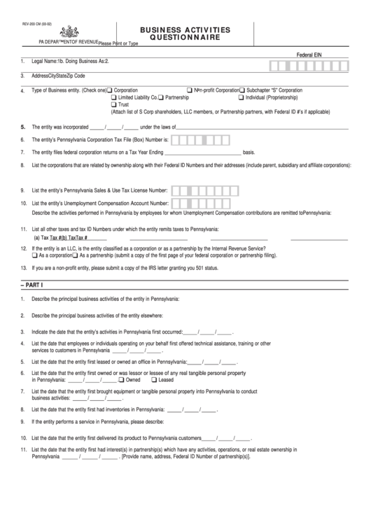 Business Activities Questionnaire - Pa Department Of Revenue - 2002 Printable pdf