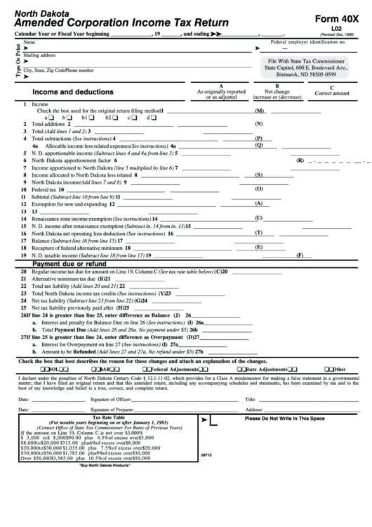 Form 40x L02 - Amended Corporation Income Tax Return Printable pdf