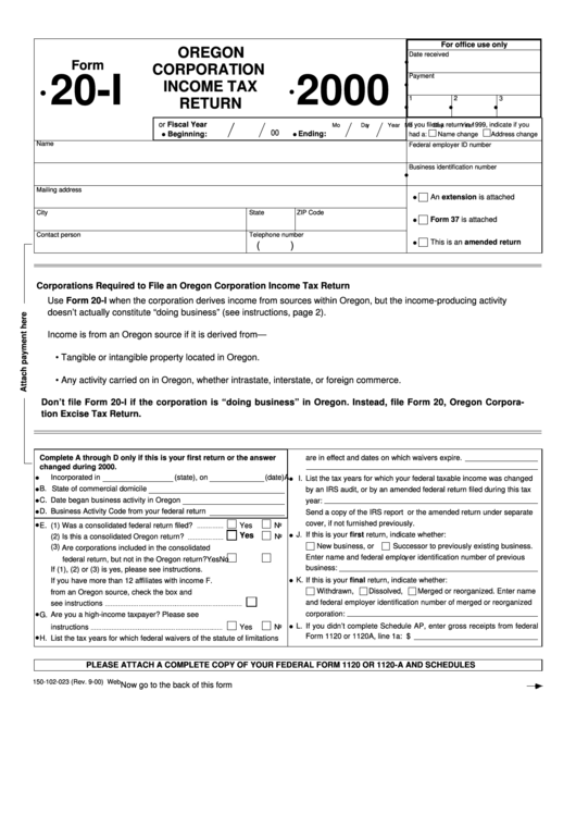 Form 20-I - Oregon Corporation Income Tax Return - 2000 Printable pdf