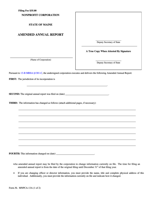 Fillable Form Mnpca-13a - Nonprofit Corporation Amended Annual Report - 2012 Printable pdf