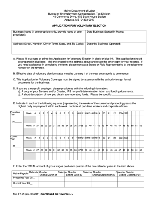 Form Me. Fx-2 - Application For Voluntary Election - 2011 Printable pdf