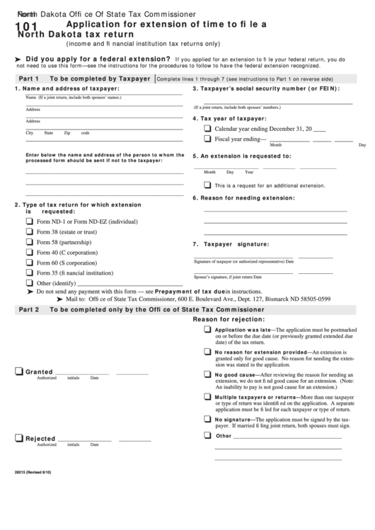 Fillable Form 101 - Application For Extension Of Time To File A North Dakota Tax Return - 2010 Printable pdf
