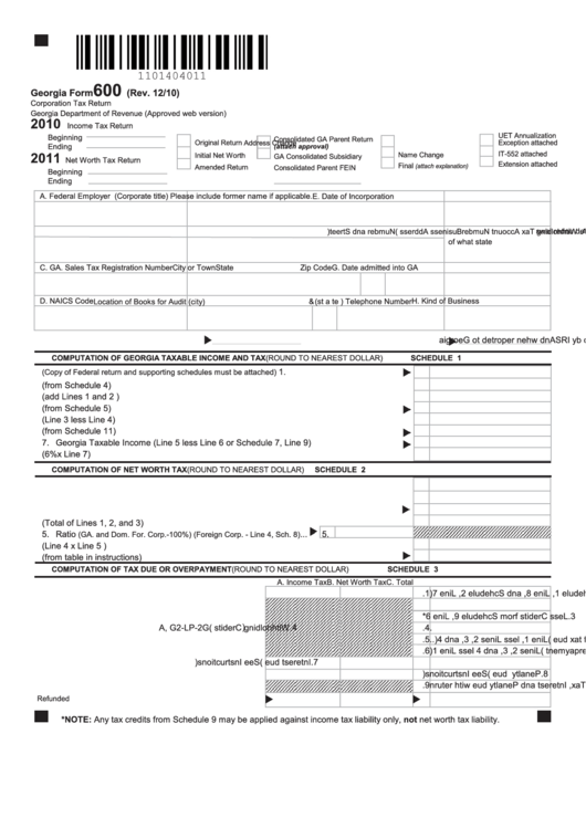 Fillable Georgia Form 600 - Corporation Tax Return - 2010/2011 Printable pdf