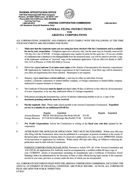 General Filing Instructions For Arizona Corporations Printable pdf