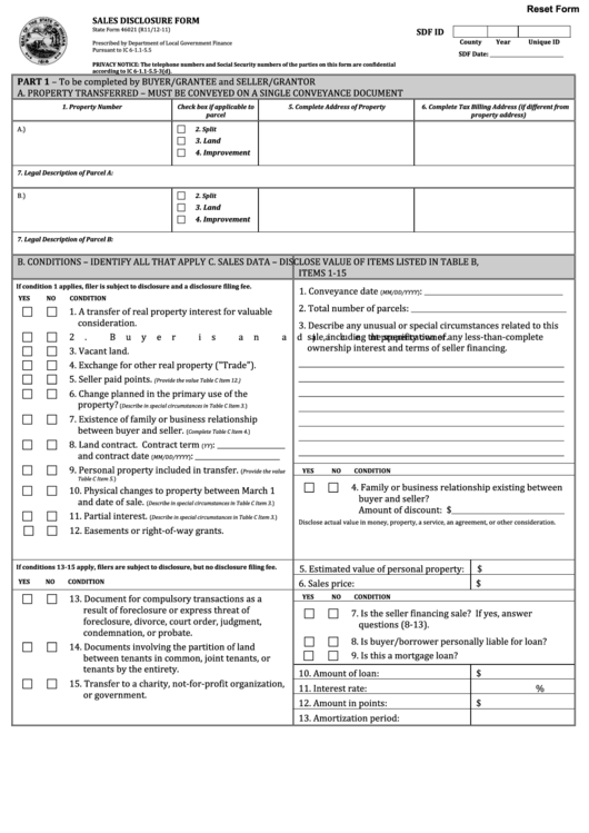 Fillable Stateform46021 - Sales Disclosure Form - 2011 Printable pdf