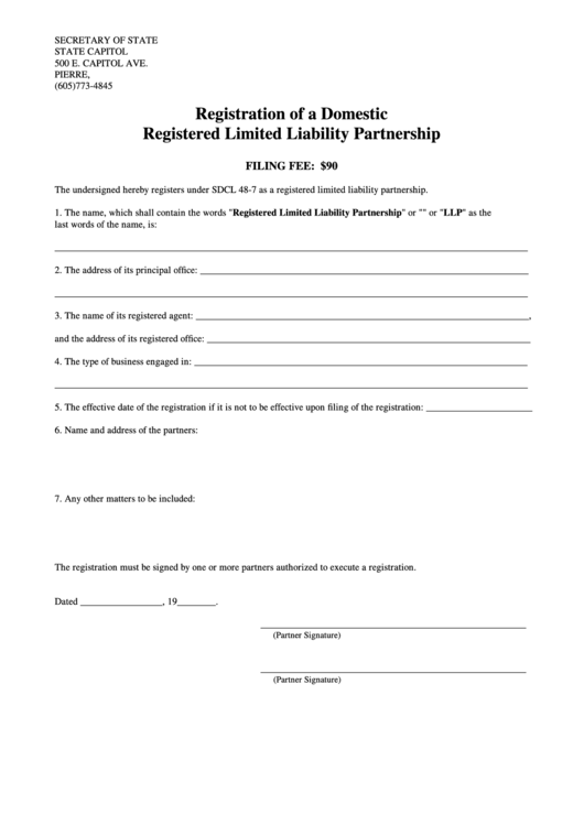 Registration Of A Domestic Registered Limited Liability Partnership Form - State Capitol Secretary Of State Printable pdf