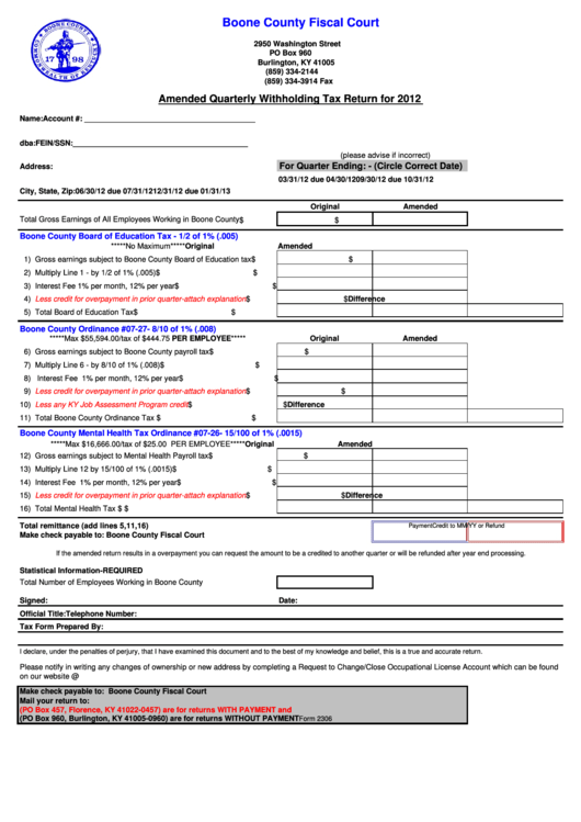Form 2306 - Amended Quarterly Withholding Tax Return - 2012 Printable pdf