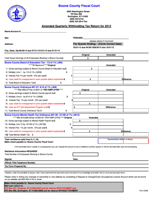 Form 2306 - Amended Quarterly Withholding Tax Return - 2013 Printable pdf