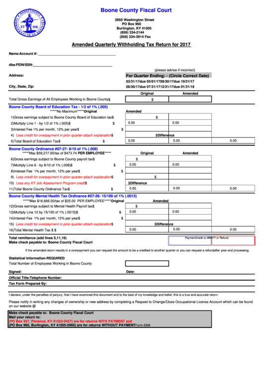 Fillable Form 2306 - Amended Quarterly Withholding Tax Return - 2017 Printable pdf