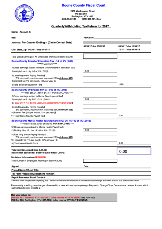 Fillable Form 1906 - Quarterly Withholding Tax Return - 2017 Printable pdf