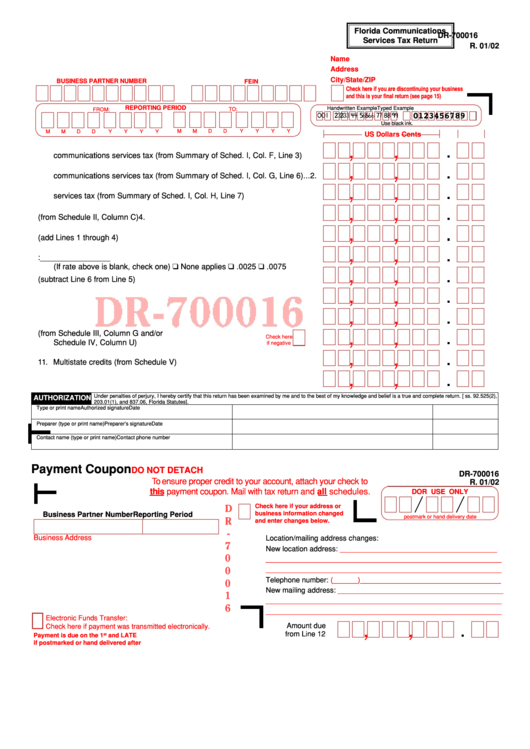 Form Dr-700016 - Florida Communications Services Tax Return - 2002 Printable pdf