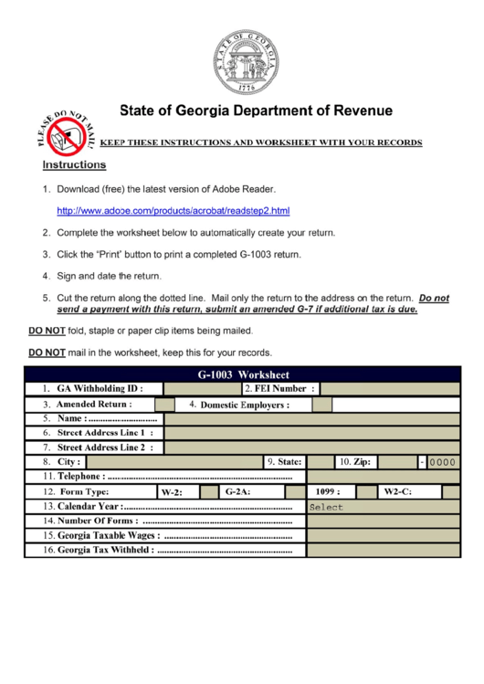 Form G-1003 - Income Statement Return - Georgia Department Of Revenue Printable pdf