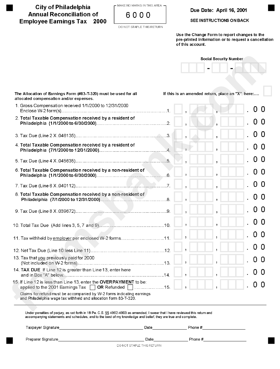 Annual Reconciliation Of Employee Earnings Tax 2000 - City Of Philadelphia