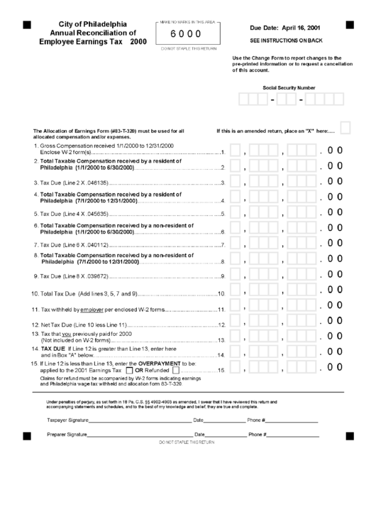 Annual Reconciliation Of Employee Earnings Tax 2000 - City Of Philadelphia Printable pdf