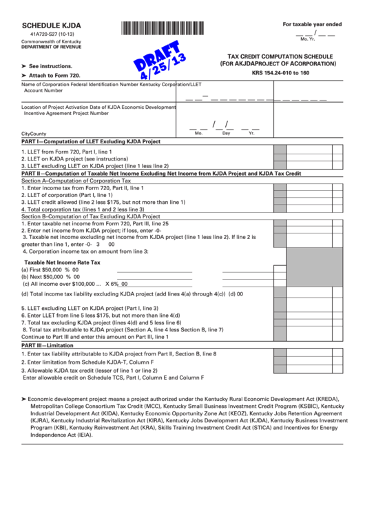 Schedule Kjda Draft - Tax Credit Computation Schedule - 2013 Printable pdf