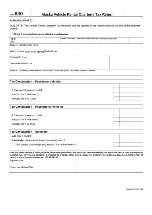 Form 630 - Alaska Vehicle Rental Quarterly Tax Return Printable pdf
