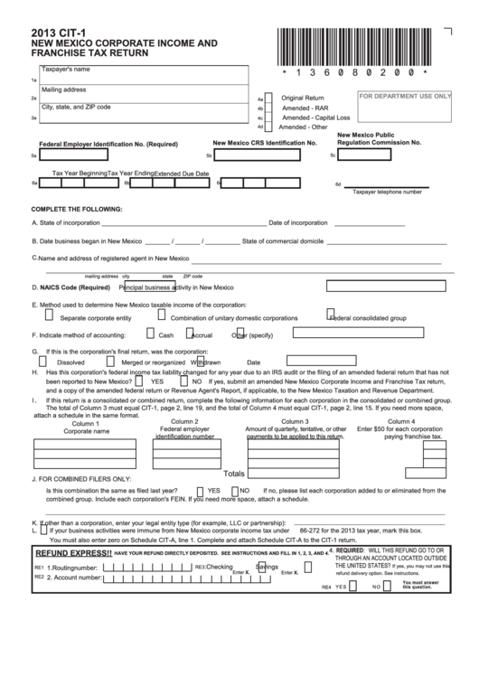 Form Cit-1 - New Mexico Corporate Income And Franchise Tax Return - 2013 Printable pdf