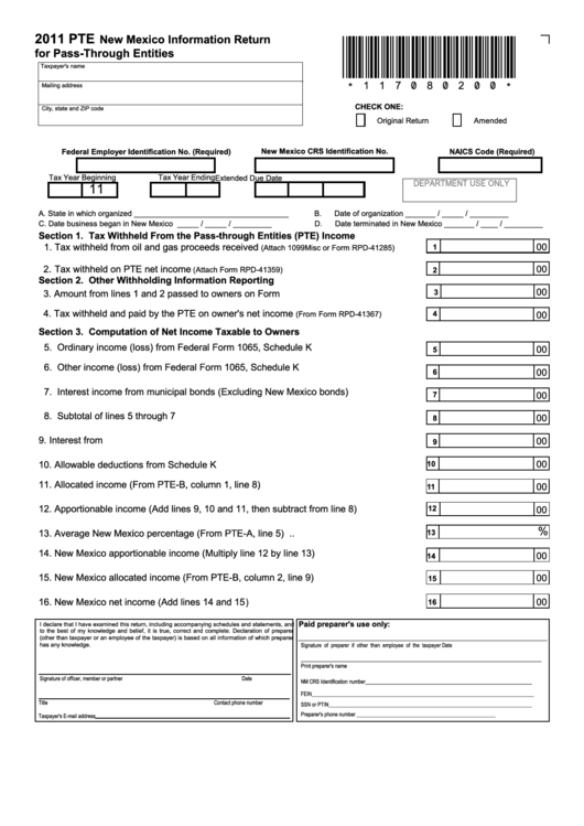 Form Pte - New Mexico Information Return For Pass-Through Entities - 2011 Printable pdf