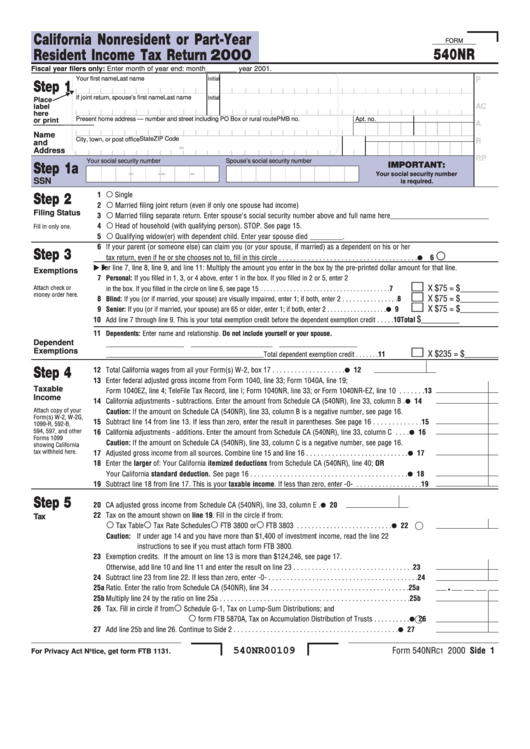 Form 540nr - California Nonresident Or Part-Year Resident Income Tax Return - 2000 Printable pdf