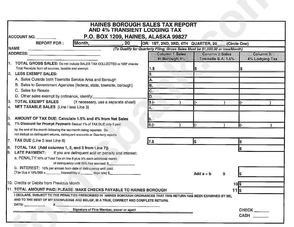 Haines Borough Sales Tax Report And 4% Transient Lodging Tax Form