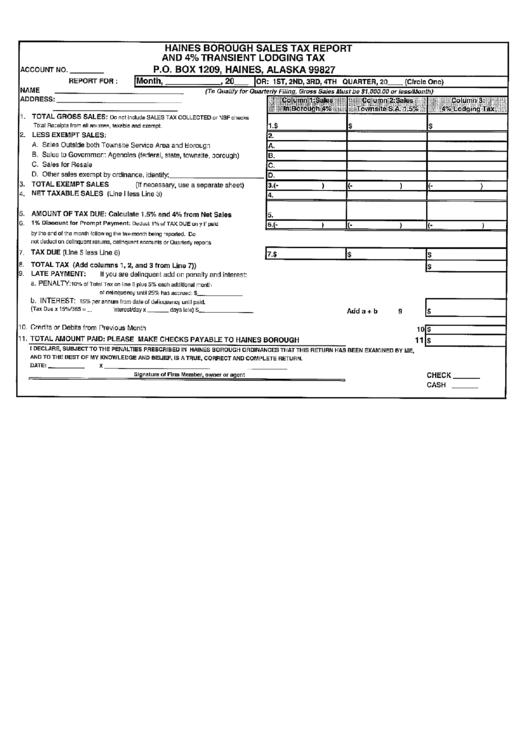 Haines Borough Sales Tax Report And 4% Transient Lodging Tax Form Printable pdf