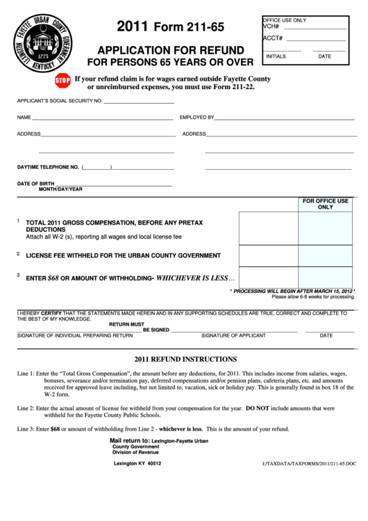 Form 211-65 - Application For Refund For Persons 65 Years Or Over - 2011 Printable pdf
