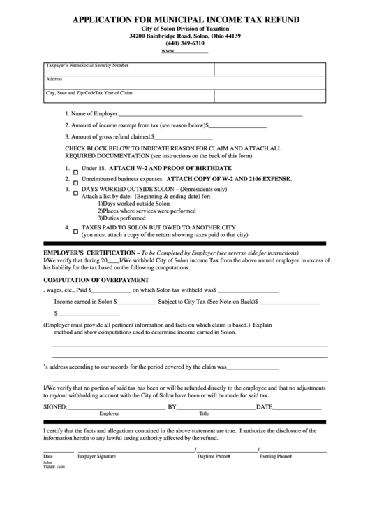 Form Txref - Application For Municipal Income Tax Refund-City Of Solon Printable pdf