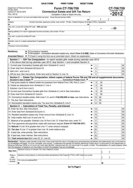 Fillable Form Ct-706/709 - Connecticut Estate And Gift Tax Return - 2012 Printable pdf