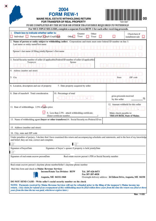 Form Rew-1 - Maine Real Estate Withholding Return For Transfer Of Real Property - 2004 Printable pdf