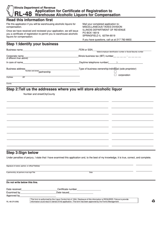 Form Rl-48 - Application For Certificate Of Registration To Warehouse Alcoholic Liquors For Compensation - Illinois Department Of Revenue Printable pdf
