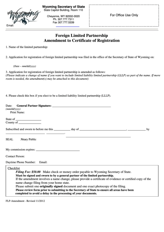 Fillable Form Flp-Amendment - Foreign Limited Partnership Amendment To Certificate Of Registration Printable pdf