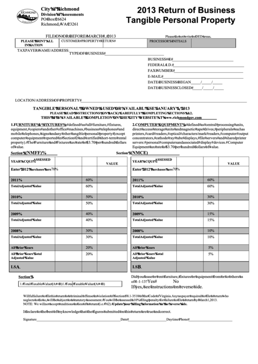 Return Of Business Tangible Personal Property Form - City Of Richmond - 2013 Printable pdf