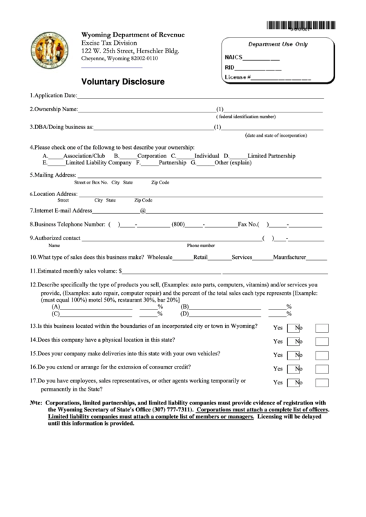Form 001vd - Voluntary Disclosure - Wyoming Department Of Revenue 2011 Printable pdf