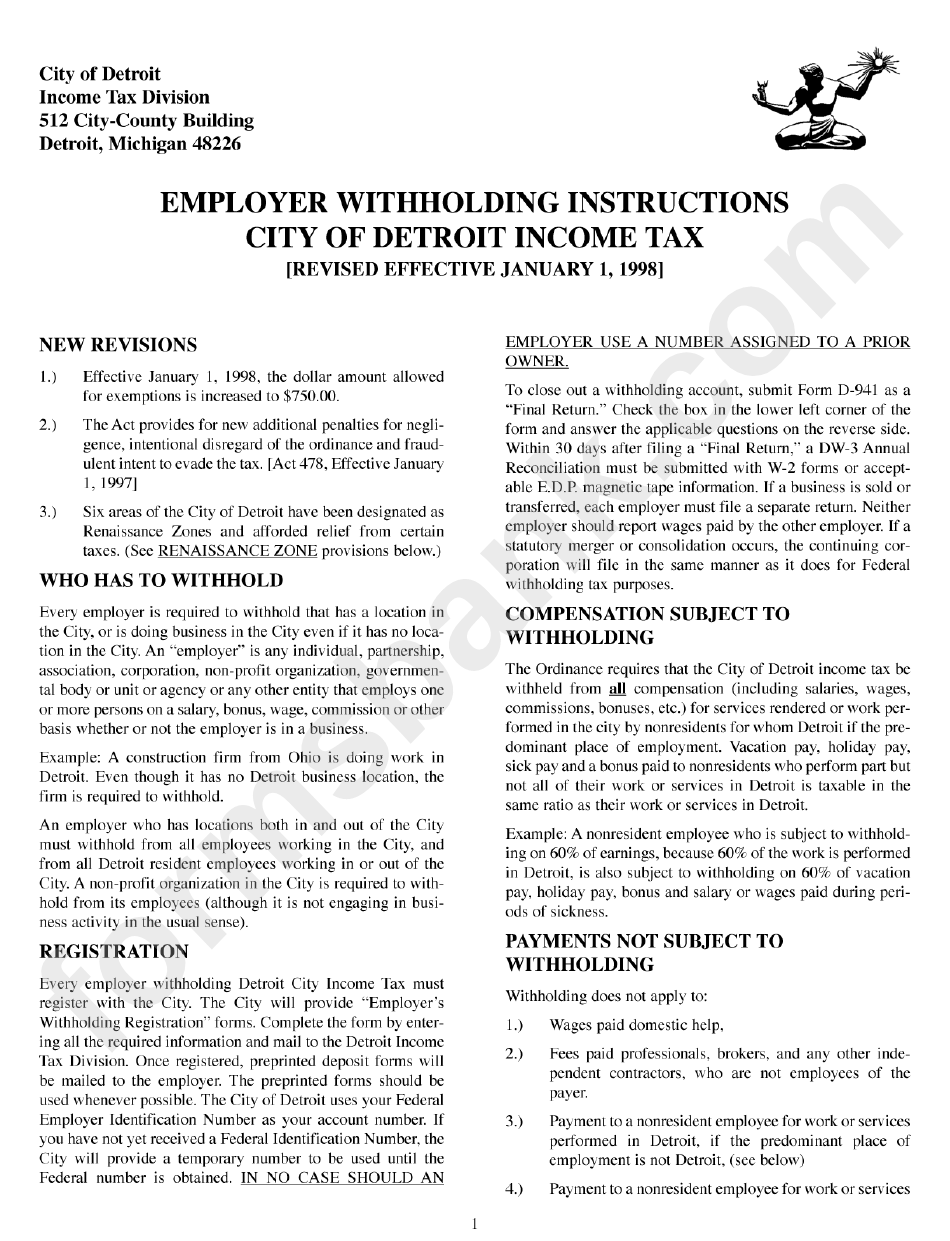 Employer Withholding Instructions - City Of Detroit Income Tax - 1998
