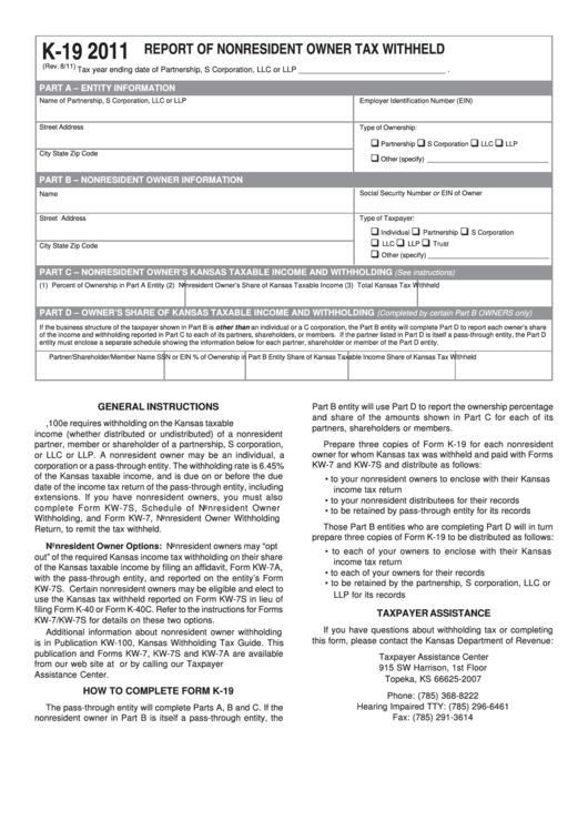 Form K-19 - Report Of Nonresident Owner Tax Withheld - 2011 Printable pdf