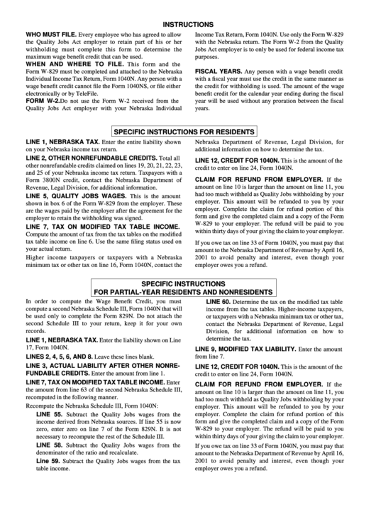 Instructions For Form W-829 - Nebraska Department Of Revenue Printable pdf