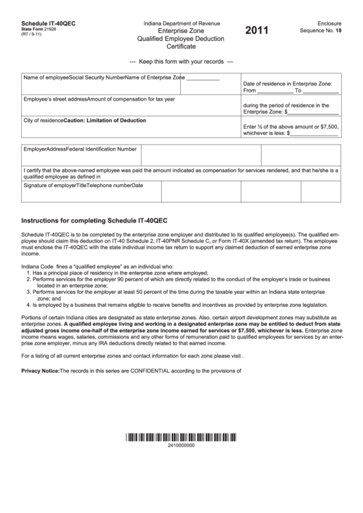 Fillable State Form 21928 - Schedule It-40qec - Enterprise Zone Qualified Employee Deduction Certificate - 2011 Printable pdf