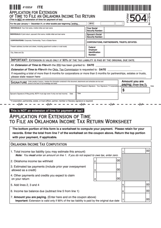 Fillable Form 504 - Application For Extension Of Time To File An Oklahoma Income Tax Return - 2012 Printable pdf
