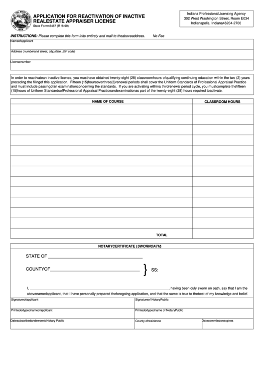 Fillable State Form 46467 - Application For Reactivation Of Inactive Real Estate Appraiser License Printable pdf