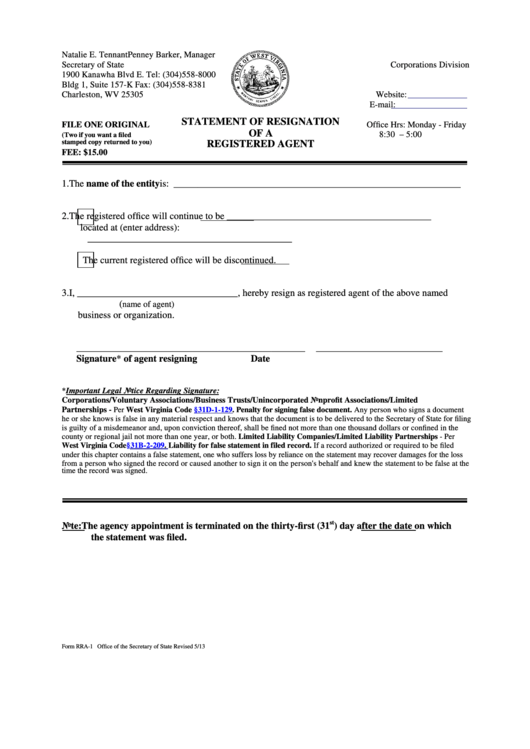 Fillable Form Rra-1 - Statement Of Resignation Of A Registered Agent Printable pdf