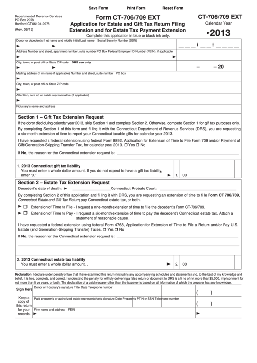 Fillable Form Ct-706/709 Ext - Application For Estate And Gift Tax Return Filing Extension And For Estate Tax Payment Extension - 2013 Printable pdf