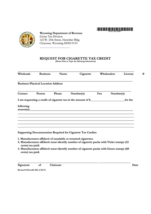 Request For Cigarette Tax Credit - Wyoming Department Of Revenue - 2011 Printable pdf